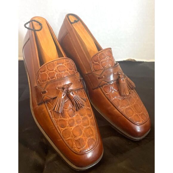 JOHNSTON & MURPHY BROWN LEATHER CROC  VAMP TASSEL LOAFERS MADE IN ITALY SZ 8 M - Picture 2 of 13